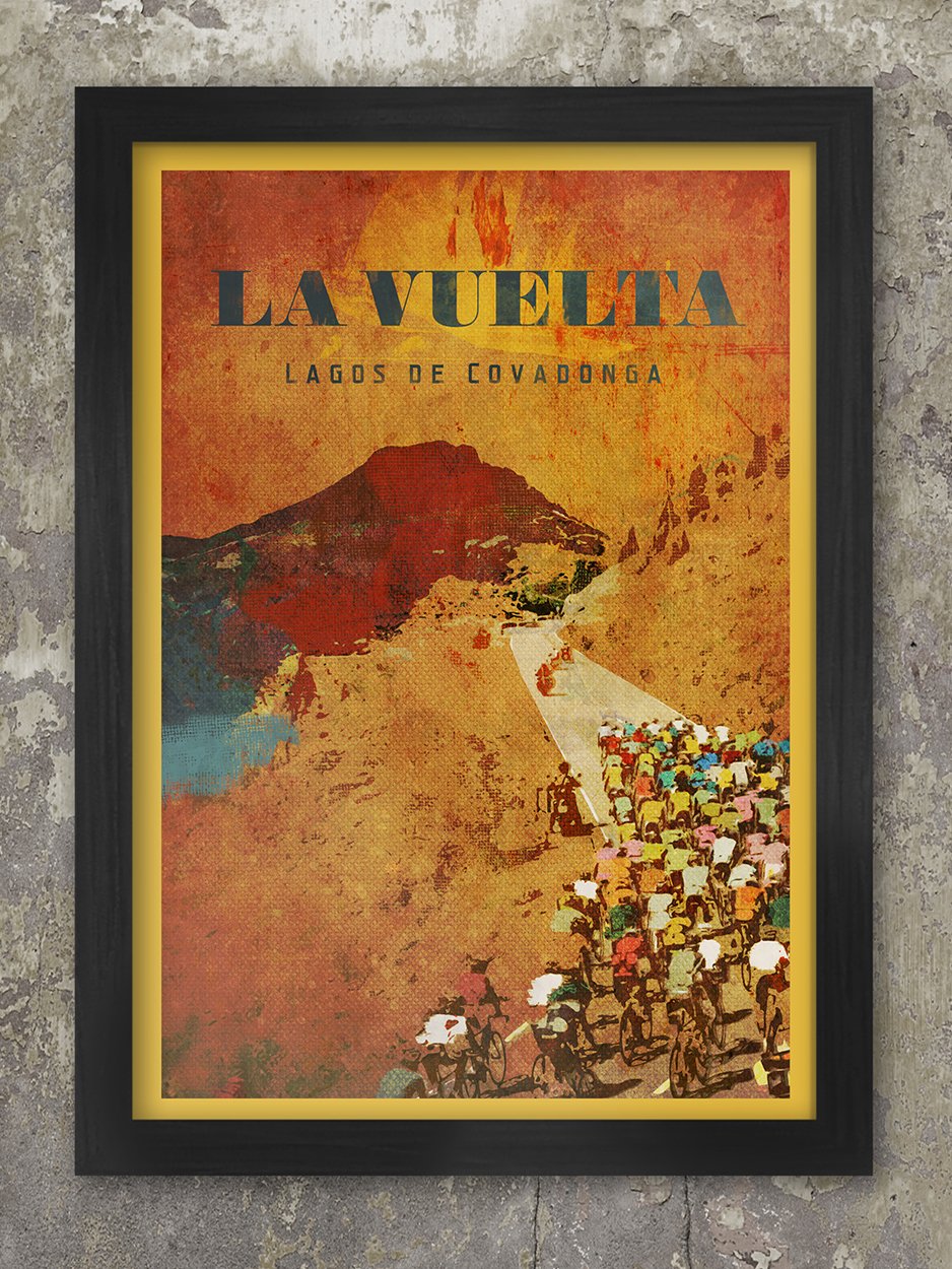 Vuelta a Espana Cycling Poster Print - Lagos de Covadonga is one of the most important climbs in Vuelta history. The most demanding section is La Huesera, 7 km from the summit. Britain's Robert Millar won the 1986 stage.