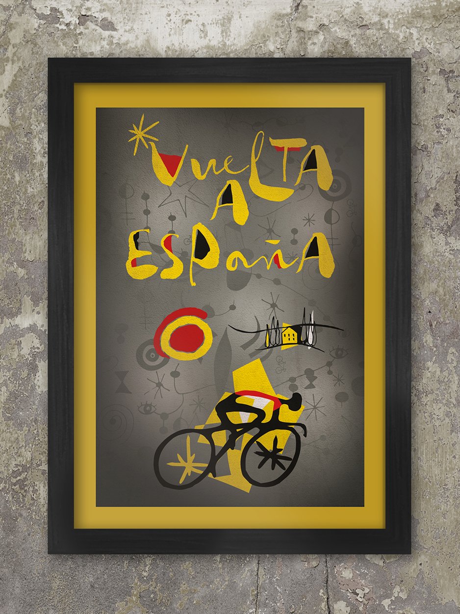 Vuelta a Espana retro, abstract cycling poster. Styled on and influenced by the Catalan artist Joan Miró